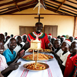 **A vibrant celebration of Christmas in a South Sudanese village:**  Depict South Sudanese people of diverse backgrounds joyfully celebrating Christmas. Show a decorated church, people exchanging gifts, children singing carols, and a table laden with food, blending Christian traditions with local South Sudanese cultural elements. Emphasize the joyful atmosphere and sense of community.