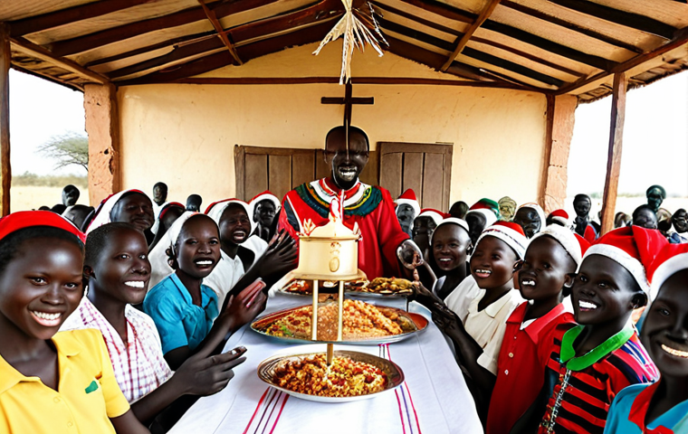 **A vibrant celebration of Christmas in a South Sudanese village:**  Depict South Sudanese people of diverse backgrounds joyfully celebrating Christmas. Show a decorated church, people exchanging gifts, children singing carols, and a table laden with food, blending Christian traditions with local South Sudanese cultural elements. Emphasize the joyful atmosphere and sense of community.