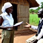 **

"A professional female journalist in South Sudan, fully clothed in modest, practical attire suitable for a field assignment (khaki pants, button-down shirt, vest), holding a microphone and notepad, interviewing a local community leader in a rural village setting with traditional mud huts in the background, appropriate content, safe for work, perfect anatomy, natural proportions, documentary photography style, natural lighting, high resolution, professional."

**