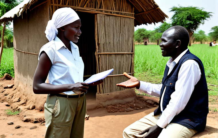 **

"A professional female journalist in South Sudan, fully clothed in modest, practical attire suitable for a field assignment (khaki pants, button-down shirt, vest), holding a microphone and notepad, interviewing a local community leader in a rural village setting with traditional mud huts in the background, appropriate content, safe for work, perfect anatomy, natural proportions, documentary photography style, natural lighting, high resolution, professional."

**