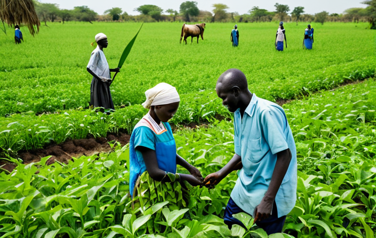 **
"A group of South Sudanese farmers, fully clothed in traditional but modest clothing, working together in a lush green field, cultivating crops using modern agricultural techniques, appropriate attire, safe for work, perfect anatomy, natural proportions, professional photography, family-friendly, high quality."
**