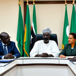 **

"A professional gathering of Sudanese and South Sudanese leaders, fully clothed in modest attire, seated at a negotiation table in a neutral conference room, safe for work, appropriate content, professional, perfect anatomy, natural proportions, discussing peace and cooperation, high quality."

**