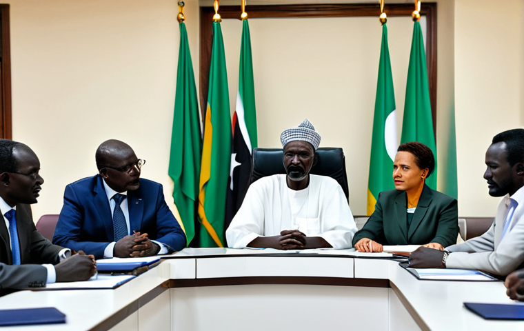 **
"A professional gathering of Sudanese and South Sudanese leaders, fully clothed in modest attire, seated at a negotiation table in a neutral conference room, safe for work, appropriate content, professional, perfect anatomy, natural proportions, discussing peace and cooperation, high quality."
**